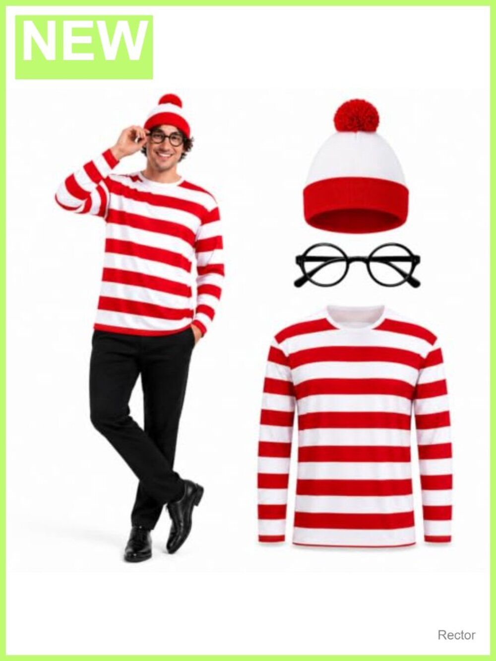 Men's Striped Shirt Halloween Costume Set with Hat and Glasses